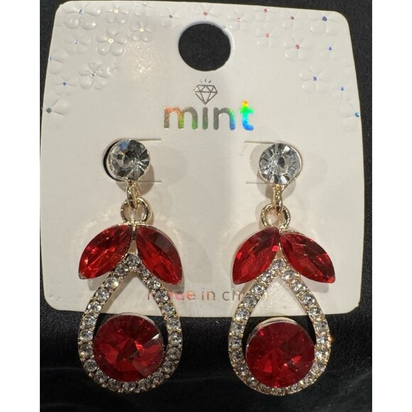 Mint Faux Crystal Ruby Red Gold Rhinestone Earrings Party Wedding Cruise NEW - Picture 1 of 5